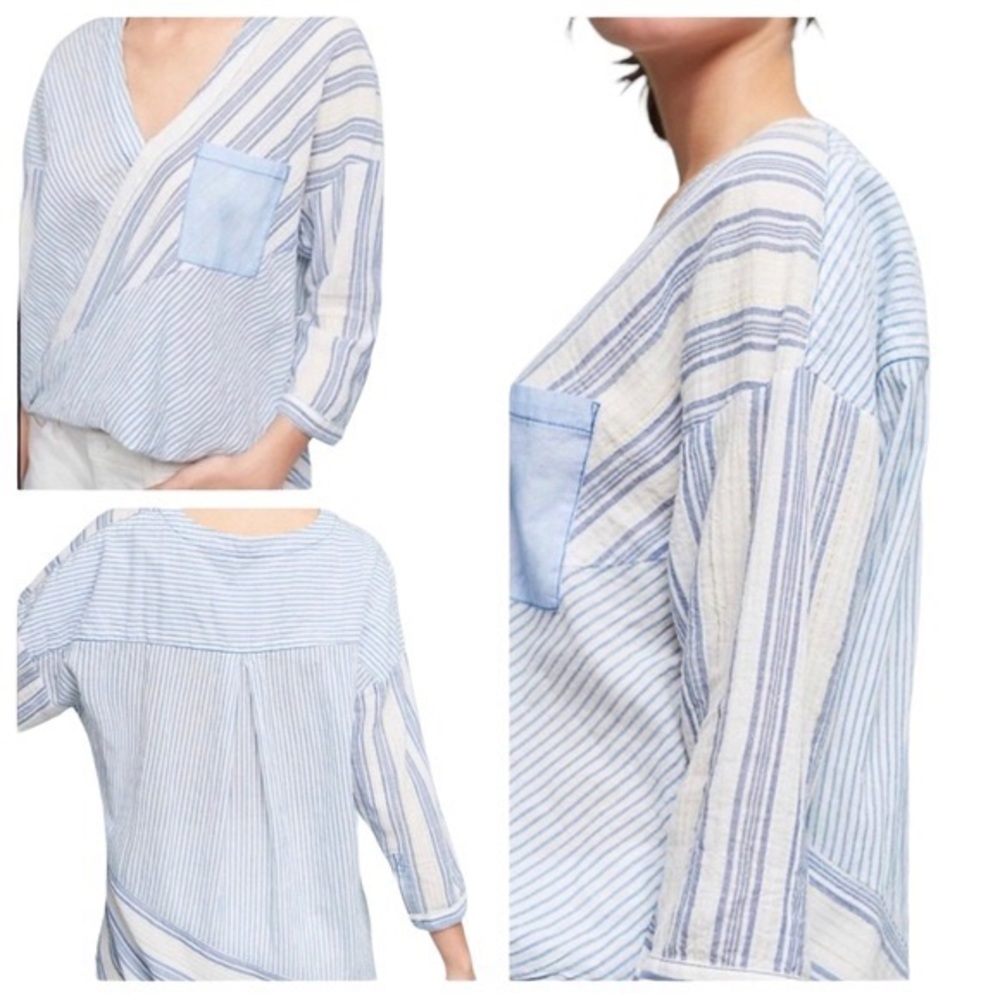 ANTHROPOLOGIE Holding Horses Cross Over blouse blue and white M